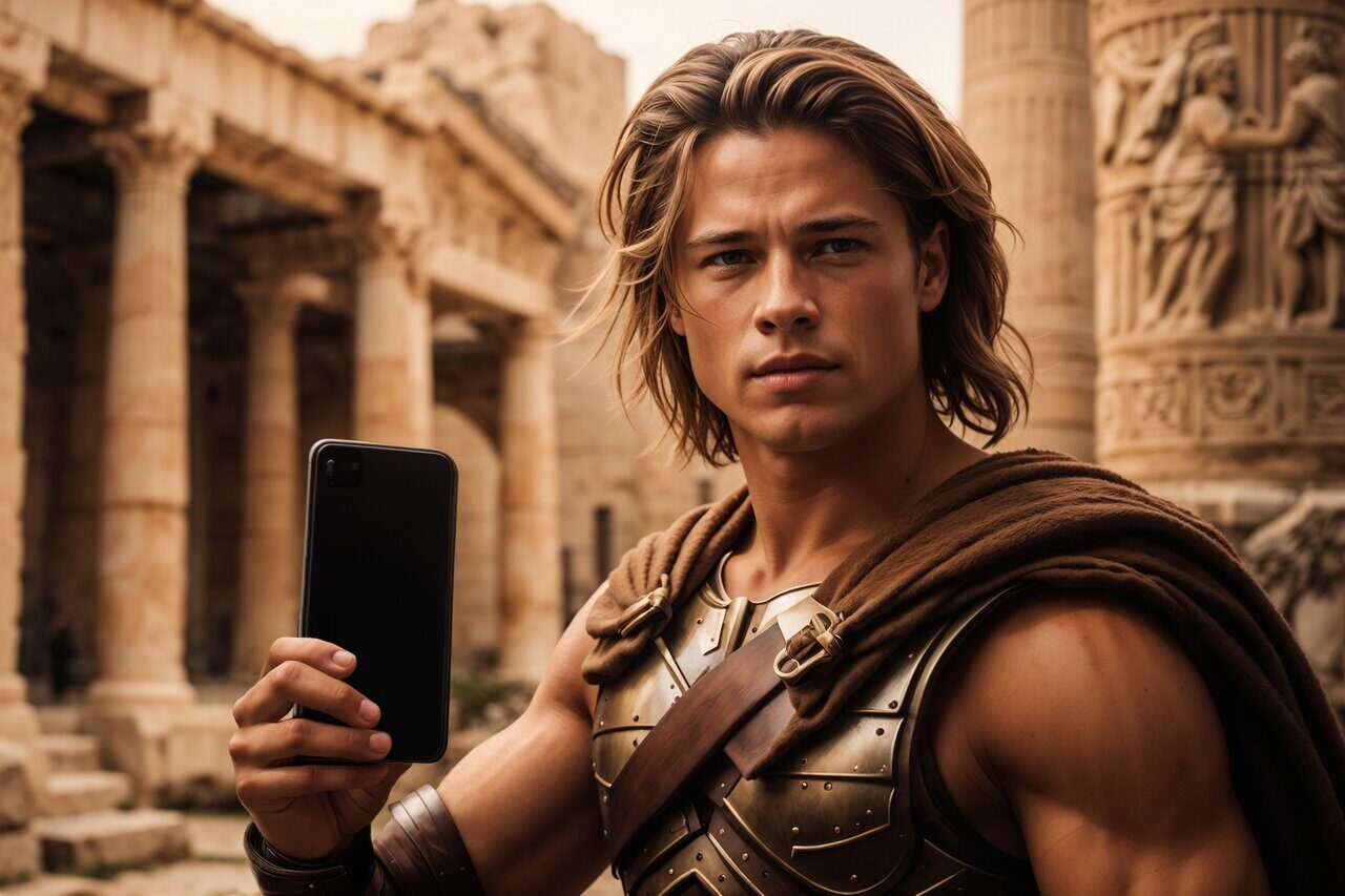 Ахиллес со смартфоном. Рисует нейросеть. Leonardo AI