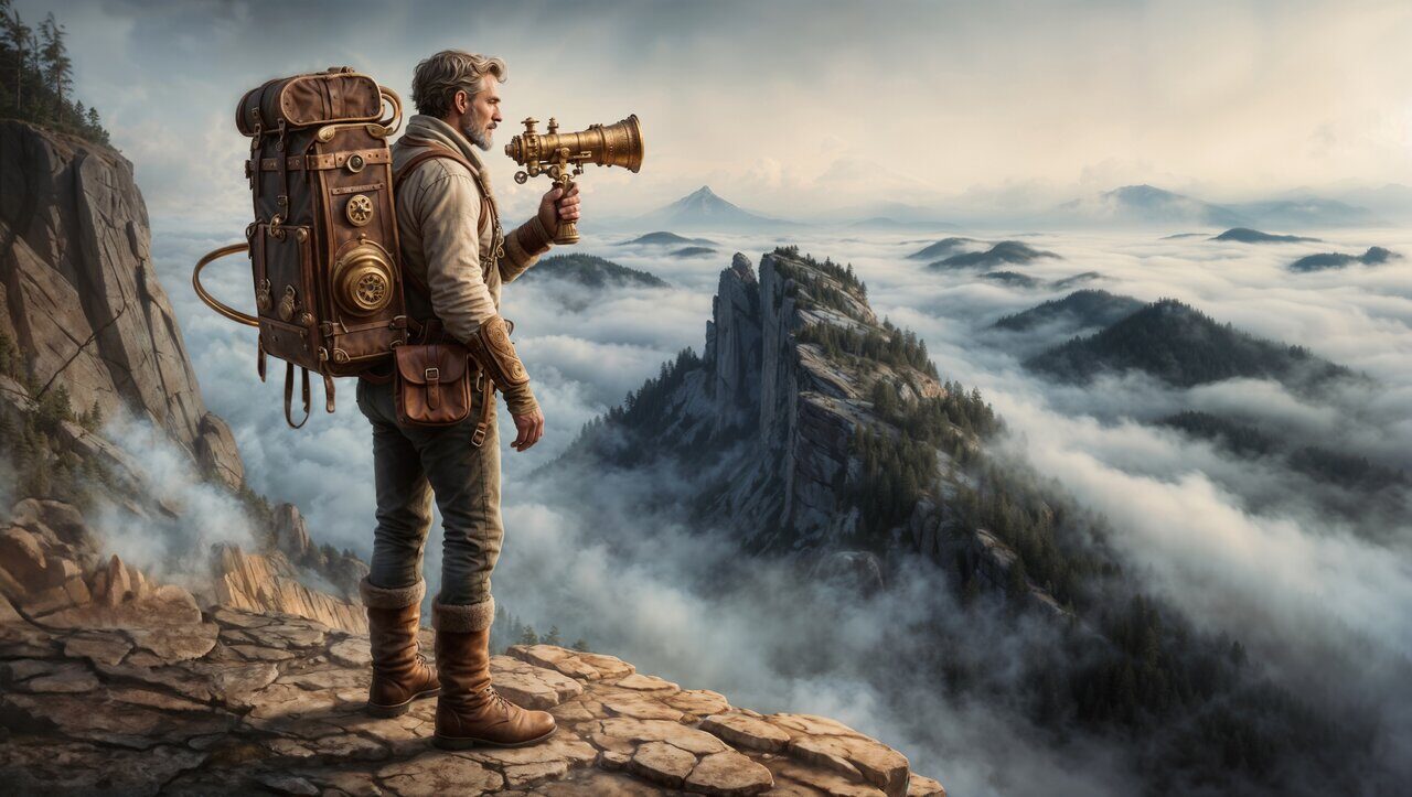 Странник над морем тумана в стимпанке. Рисует нейросеть. Leonardo AI