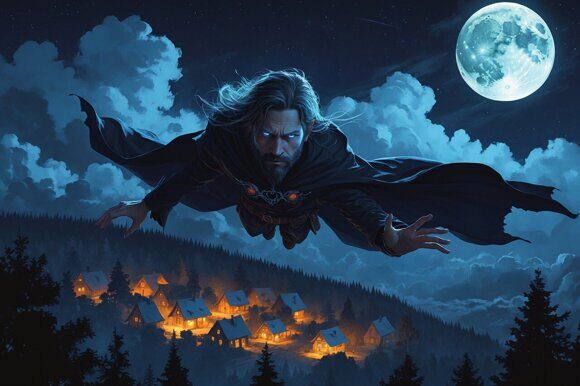 Ночной полет. Колдун в небе. Рисует нейросеть. Leonardo AI