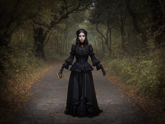 Тёмная графиня 1. Девушка-вампир в заброшенном парке. Рисует нейросеть. Leonardo AI