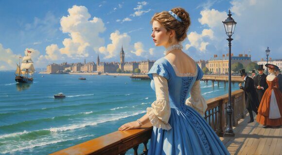 Девушка на пристани. В стиле Джеймса Тиссо. Рисует нейросеть. Leonardo AI