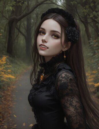 Тёмная графиня 2. Девушка-вампир в заброшенном парке. Рисует нейросеть. Leonardo AI